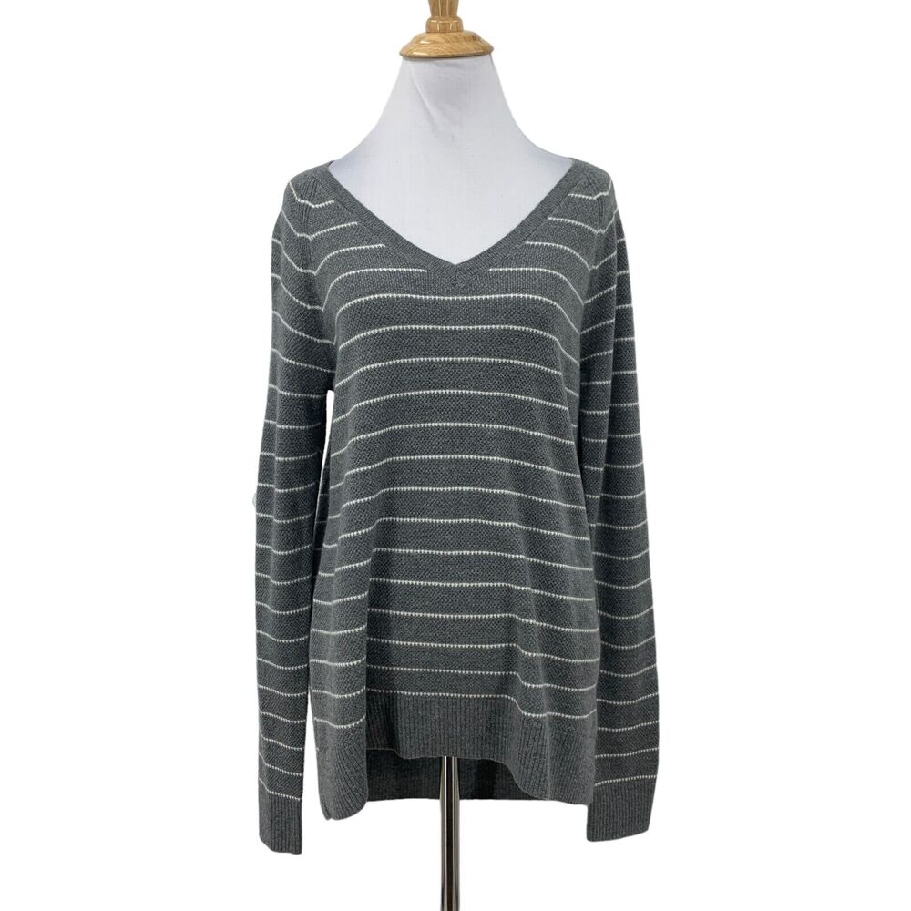 Gap Brooklyn Sweater Womens S Small Grey Merino Wool Striped Ribbed V Neck Knit